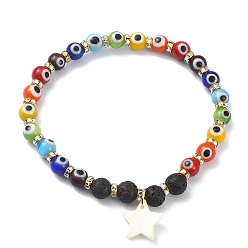 Colorful Natural Lava Rock & Lampwork Evil Eye Round Beaded Stretch Bracelet, Natural Shell Star Charms Adjustable Bracelet for Women, Colorful, Inner Diameter: 2 inch(5.2cm)