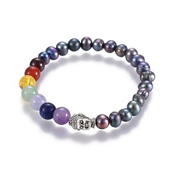 Purple Natural Pearl Stretch Bracelets, with Mixed Gemstone Round Beads and Alloy 3D Buddha Head Beads, Purple, 2 inch(5.2cm)