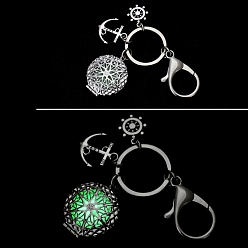 Flat Round Luminous Pendant Keychain, with Metal Key Rings, Green, Flat Round, 9.8cm