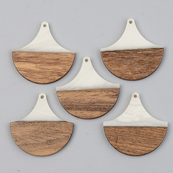 Floral White Opaque Resin & Walnut Wood Pendants, Fan, Floral White, 38x38x3mm, Hole: 2mm