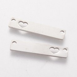 Stainless Steel Color 201 Stainless Steel Links connectors, Rectangle with Heart, Stainless Steel Color, 24.8x4.8x1mm, Hole: 1.5mm