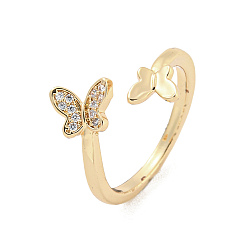Golden Brass Micro Pave Cubic Zirconia Cuff Rings, Butterfly Open Rings for Women, Long-Lasting Plated, Golden, Adjustable