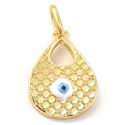 White Brass Pendants, with Enamel, Real 18K Gold Plated, Long-Lasting Plated, Teardrop with Evil Eye Charm, White, 34x23.5x6mm, Hole: 10x7mm