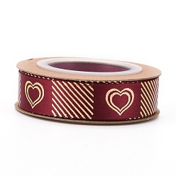 Brique Rouge Rubans de polyester, marquage à chaud doré simple face, pour l'emballage de cadeaux, décoration de fête, motif de coeur, firebrick, 5/8 pouces (17 mm), 10yards / roll (9.14m / roll)