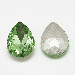 Peridot Pointed Back Glass Rhinestone Cabochons, Back Plated, Faceted, teardrop, Peridot, 14x10x4.5mm