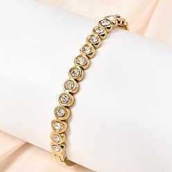 Кристалл 304 Шарнирные браслеты из нержавеющей стали со стразами для женщин, плоско-круглые, реальный 18 k позолоченный, ионное покрытие (ip), долговечный, кристалл, внутренний диаметр: 2.38x1.95 дюйм (6.05x4.95 см), шириной 6.5 мм 