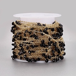 Black Handmade Glass Beaded Chains, Soldered, with Spool, Brass Chain, Long-Lasting Plated, Golden, Black, 4x2mm, about 32.8 Feet(10m)/roll