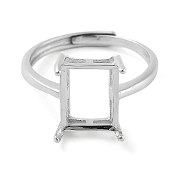 Real Platinum Plated Rectangle Adjustable 925 Sterling Silver Ring Components, 4 Claw Prong Ring Settings, Real Platinum Plated, US Size 6 1/2(16.9mm)