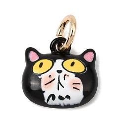 Black Printed Brass Charms, Cat Shape Charms, Golden, Black, 11x12x4mm, Hole: 4mm