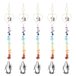 Золотой Стеклянная каплевидная люстра, подвесные украшения, подвесные ловцы солнца, чипсы из драгоценных камней чакры и латунное звено в форме сердца для украшения домашнего офиса и сада, золотые, 268 мм