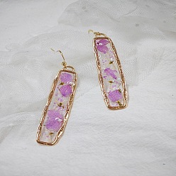 Rectangle Серьги-подвески из сплава эпоксидной смолы с засушенными цветами, золотые, прямоугольные, 60x15 мм