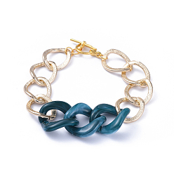Teal (Jewelry Parties Factory Sale)Chain Bracelets, with Aluminum Curb Chains, Acrylic Linking Rings and Alloy Toggle Clasps, Light Gold, Teal, 7-5/8 inch(19.5cm)