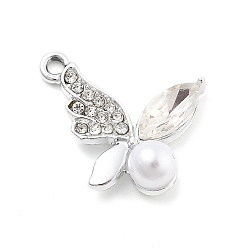 Платина Подвески из сплава и страза, с пластмассовой жемчужиной abs, УФ-покрытием, бабочка, платина, 18.5x21x7 мм, отверстие : 1.8 мм