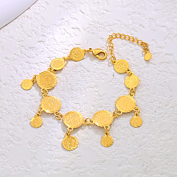 Настоящее золото 18K Латунные браслеты с подвесками для женщин, монета, реальный 18 k позолоченный, внутренний диаметр: 6-1/4 дюйм (16 см)