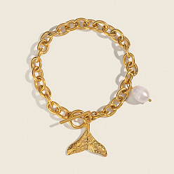 Plaqué 18K Or Véritable 304 Bracelets en acier inoxydable avec breloques queue de poisson, perles d'eau douce naturelles et fermoirs en forme de queue de poisson, ornés de perles de culture., blanc, réel 18 k plaqué or, 7.87 pouce (20 cm)