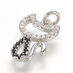 Платинированный Латунные микро проложить кубического циркония подвески, Реальная платина, кошка, 16x11x2 мм, отверстие : 3 мм