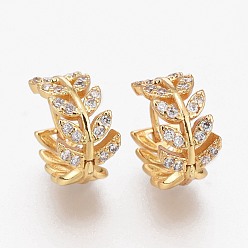 Настоящее золото 18K Серьги-кольца из латуни с микропаве из прозрачного кубического циркония, листовые ветви, долговечный, реальный 18 k позолоченный, 13x8 мм, штифты : 1 мм