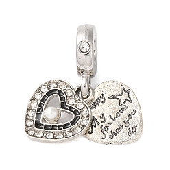 Платина Подвеска из сплава с кристаллами и стразами в европейском стиле, Подвески в форме сердца с большими отверстиями, черной эмалью и искусственным жемчугом из АБС-пластика, без кадмия, без никеля и без свинца, платина, 25 мм, отверстие : 5 мм