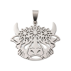 Нержавеющая Сталь Цвет 201 подвески из нержавеющей стали, полая голова коровы с цветочным талисманом, анти-тускнение, цвет нержавеющей стали, 31x36x1.5 мм, отверстие : 8.5x4.5 мм