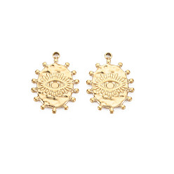 Настоящее золото 14K Ионное покрытие (ip) 304 настройки эмали подвески из нержавеющей стали, Овальный с глазом, реальный 14 k позолоченный, 21x15x2 мм, отверстие : 1.6 мм