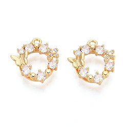 Настоящее золото 18K Латунные микро проложить кубического циркония подвески, Бабочка & кольцо, реальный 18 k позолоченный, 16.5x15x5.5 мм, отверстие : 1.5 мм