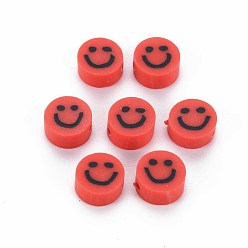 Red Handmade Polymer Clay Beads, Flat Round with Smiling Face, Red, 8~9x4mm, Hole: 1.5mm