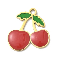 Вишня 304 эмалевые подвески с фруктами из нержавеющей стали, реальный 18 k позолоченный, вишня, 22x22x2 мм, отверстие : 2.2 мм
