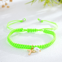 Лайм Браслеты с подвесками из латуни и искусственного жемчуга, плетеные браслеты из полиэфирного шнура для женщин, овальные с листа, желто-зеленые, 11.02 дюйм (28 см)