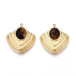 Тигровый глаз Природных тигровый глаз подвески, сердце прелести, с 304 установками из нержавеющей стали, реальный 14 k позолоченный, 25x23x6~7 мм, отверстие : 1.5 мм