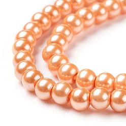 Coral Eco-Friendly Dyed Glass Pearl Round Beads Strands, Grade A, Cotton Cord Threaded, Coral, 4~4.5mm, Hole: 0.7~1.1mm, about 104pcs/strand, 15 inch