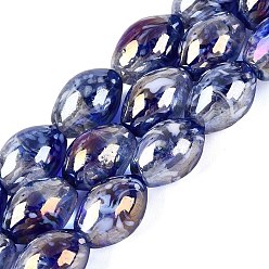 Dark Blue Handmade Lampwork Beads Strands, Oval, Rainbow Color Plated, Dark Blue, 15~16.5x10~11mm, Hole: 0.7~1.2mm, about 25pcs/strand, 14.96~15.16 inch(38~38.5cm)