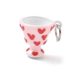 Pink 304 Stainless Steel Enamel Pendants, Cup with Heart Pattern Charms, Pink, 16.5x19.5x15mm, Hole: 6mm