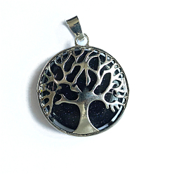 Blue Goldstone Synthetic Blue Goldstone Pendants, Tree of Life Metal Charms, Platinum, 27x27x7mm