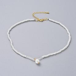 Weiß Glasperlen Perlen Anhänger Halsketten, galvanisieren mit Glasperlen, Messingkettenverlängerer und Kartonverpackung, weiß, 12.9 Zoll (33 cm)