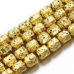 Golden Plated Electroplated Natural Lava Rock Beads Strands, Hexagon, Bumpy, Golden Plated, 8x7.5x6.5mm, Hole: 1.2mm, about 50pcs/strand, 15.35 inch~15.75 inch(39cm~40cm)