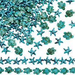 Светлый Морско-зеленый 4 нити 2 стили синтетические бирюзовые окрашенные бусины нити, эффект впрыска топлива, морская звезда и морская черепаха, светло-зеленый, 13.5~18x14~15x5~7 мм, отверстие : 1.5~1.6 мм, 2 пряди / стиль