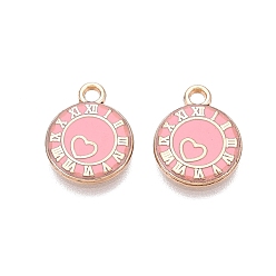 Pink Стойки обшивки сплава эмали подвески, Плоские круглые подвески в форме сердца и римских цифр., золотые, розовые, 13.5x11x1.5 мм, отверстие : 1.6 мм