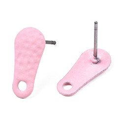Pink Spray Painted Iron Stud Earring Findings, with Hole, Teardrop, Pink, 14x6.5mm, Hole: 1.8mm, Pin: 0.7mm