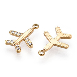 Real 14K Gold Plated 304 Stainless Steel Charms, Manual Polishing, with Rhinestone, Airplane Charm, Real 14K Gold Plated, 14x11x2mm, Hole: 1.4mm