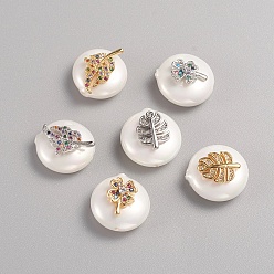 Mixed Color Shell Pearl Beads, with Brass Micro Pave Cubic Zirconia, Flat Round with Mixed Shape, Mixed Color, 15x9~10mm, Hole: 1.2mm