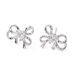 Platinum Bowknot Brass Stud Earrings, with Clear Cubic Zirconia, Long-Lasting Plated, Lead Free & Cadmium Free, Platinum, 13.5x15.5mm
