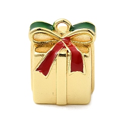 Настоящее золото 18K Рождественские латунные эмалевые бусины, коробка, стойки покрытие, долговечный, без кадмия и без свинца, реальный 18 k позолоченный, 12.5x10.5x10 мм, отверстие : 1.4 мм