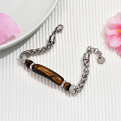 Тигровый глаз Браслеты из натурального тигрового глаза с круглыми бусинами, мужские браслеты-цепочки из нержавеющей стали, трубка, внутренний диаметр: 8-5/8 дюйм (22 см)