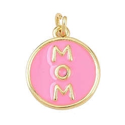 Pink Латунь эмаль подвески, с целью перехода в кольце, плоская круглая подвеска с надписью «мама», без свинца и без кадмия, долговечный, реальный 18 k позолоченный, стойки покрытие, розовые, 16.5x14x1.5 мм, отверстие : 2.5 мм