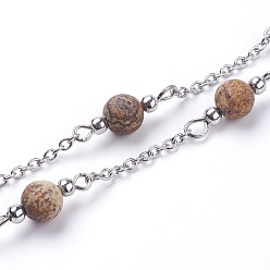 Jasper Handmade Beaded Chains, Unwelded, with Natural Picture Jasper and Iron Needle, 39.37 inch, 1m/strand