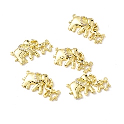 Light Gold Brass Micro Pave Clear & Black Cubic Zirconia Connector Charms, Mother and Son Elephants, Light Gold, 13x25x4mm, Hole: 1mm