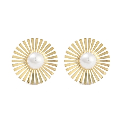 Настоящее золото 18K Плоские круглые 304 из нержавеющей стали серьги стержня, серьги из АБС-пластика с искусственным жемчугом для женщин, реальный 18 k позолоченный, 17.8 мм