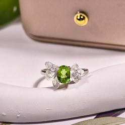 Светло-зеленый Коричневый 925 открытые кольца-манжеты из стерлингового серебра с микропаве из кубических цирконий и кварца, цветок, серебряные, оливковый, 15~20 мм