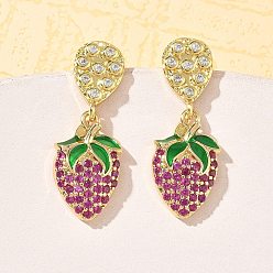 Настоящее золото 18K Женские серьги-гвоздики из латуни с микропаве из кубического циркония, клубника, с эмалью, стойки покрытие, долговечный, без свинца и без кадмия, реальный 18 k позолоченный, 30.5x11.5 мм