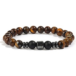 Тигровый глаз Браслеты из натурального тигрового глаза, черного обсидиана и синтетического немагнитного гематита для мужчин, круглые, 7-1/2 дюйм (19 см)